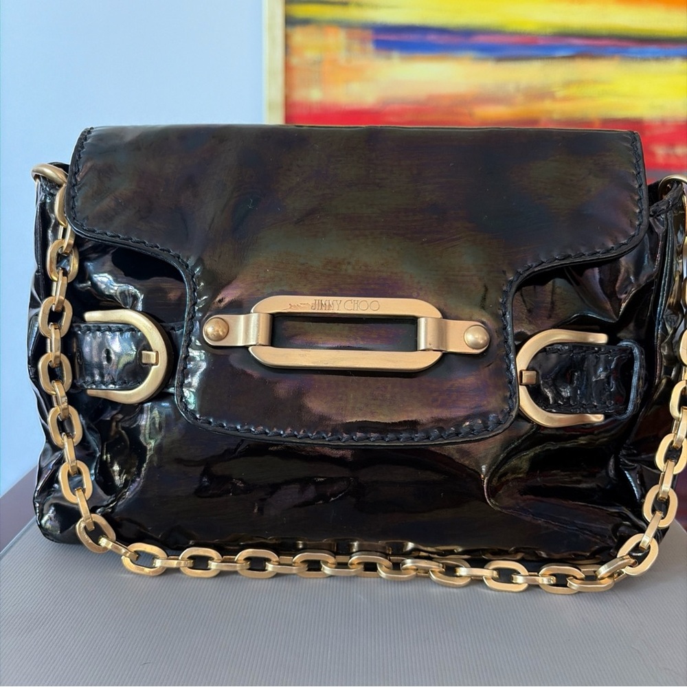 Jimmy Choo Iridescent Black Patent Leather Crossbody Bag with Gold Chain